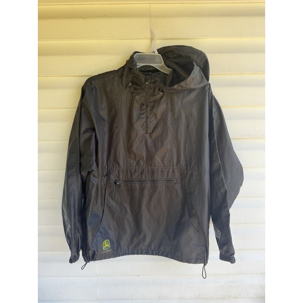 John Deere Windbreaker Rain Jacket Mens Sz XL Black Pullover Quarter Zip Hooded